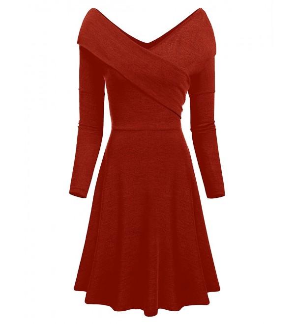 Womens V Neck Long Sleeve Knitted Wrap Midi Dress Slim Fit Swing ...