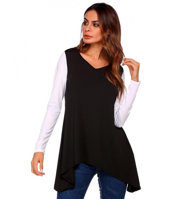 Women Long Sleeve Contrast Color Patchwork Tunic Tops - Black - CW184QAMIWN