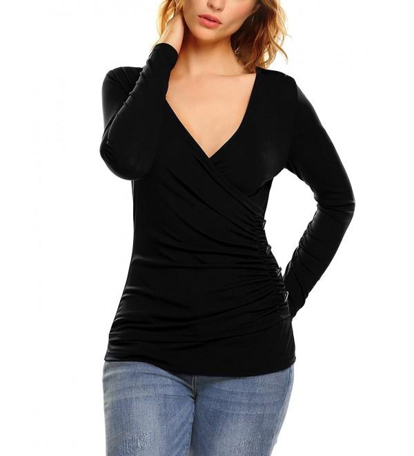 Women Open V Front Wrap Long Sleeve Pleated Slim Top Tee Ruched T Shirt ...
