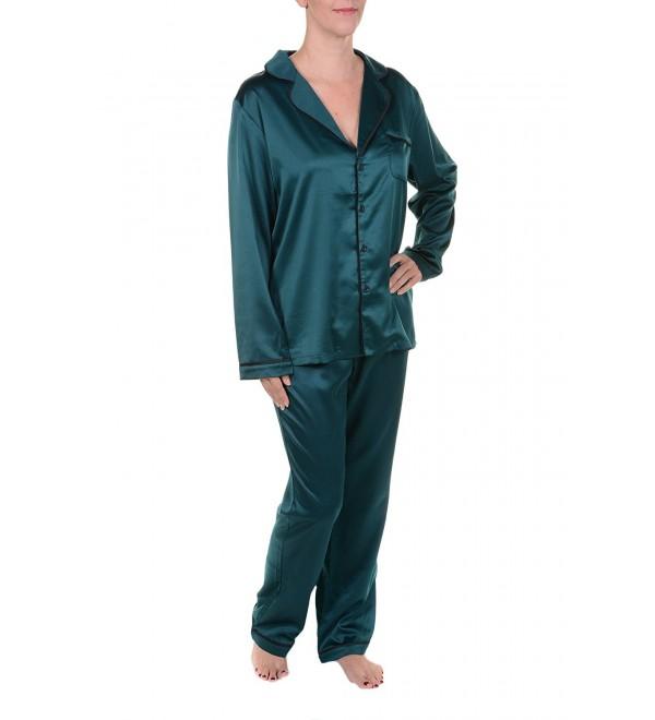 Long Sleeve Satin Pajama Set with Contrast Piping - Green - CO188SQYU87