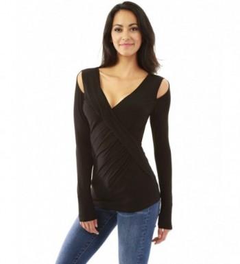 Women's Cross Front Pleated Cut Out Long Sleeve Blouse - Black ...