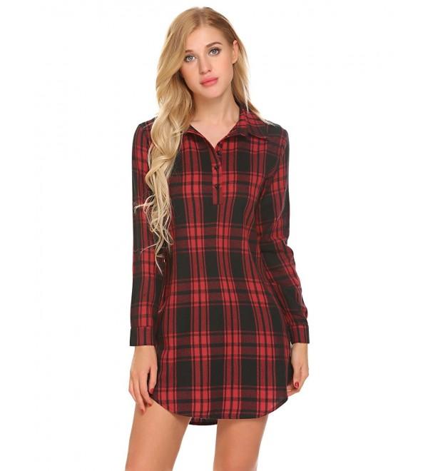 Plaid Sleepshirt Women Turn Down Collar Long Sleeve Lounge Sleepwear S ...