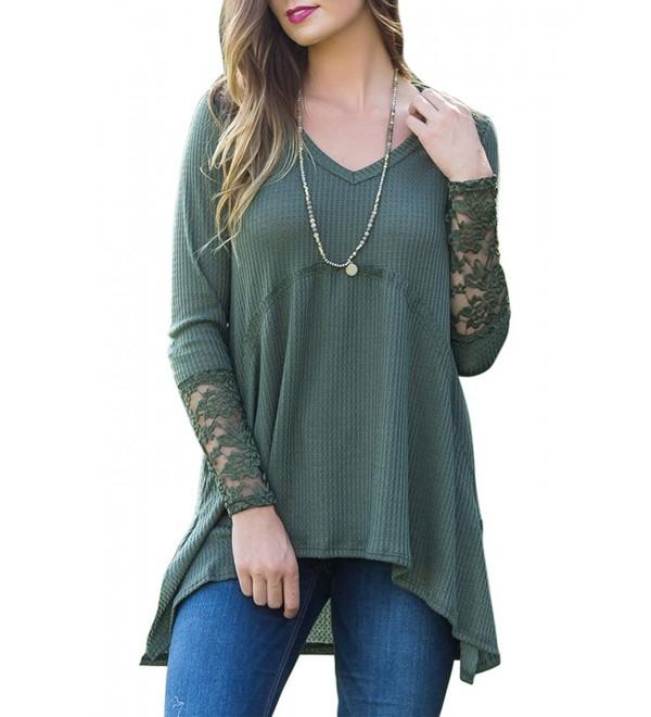 Women's Knit Blouse Long Sleeve Asymmetric Hem Sexy Lace Splicing Flowy ...