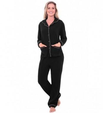 Womens Fleece Pajamas- Long Button Down Pj Set - Black With White ...