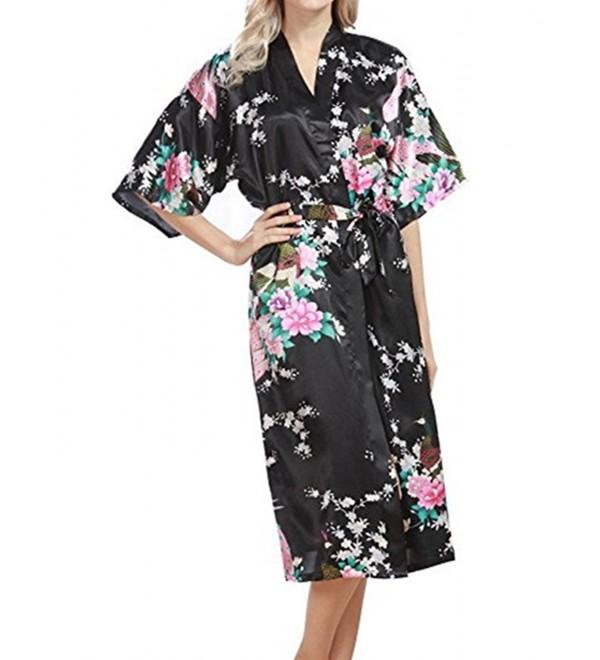 Women's Robe Peacock and Blossoms Kimono Satin Nightwear - Black ...