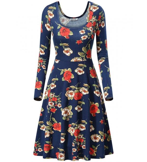 Womens Vintage Floral Print Long Sleeve Round Neck Casual Flared Midi ...