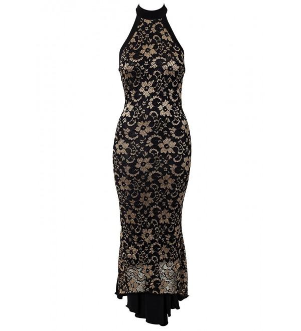 Halter Lace Mermaid Style Long Evening Dress - Black/Gold - CR11LDWQTM9