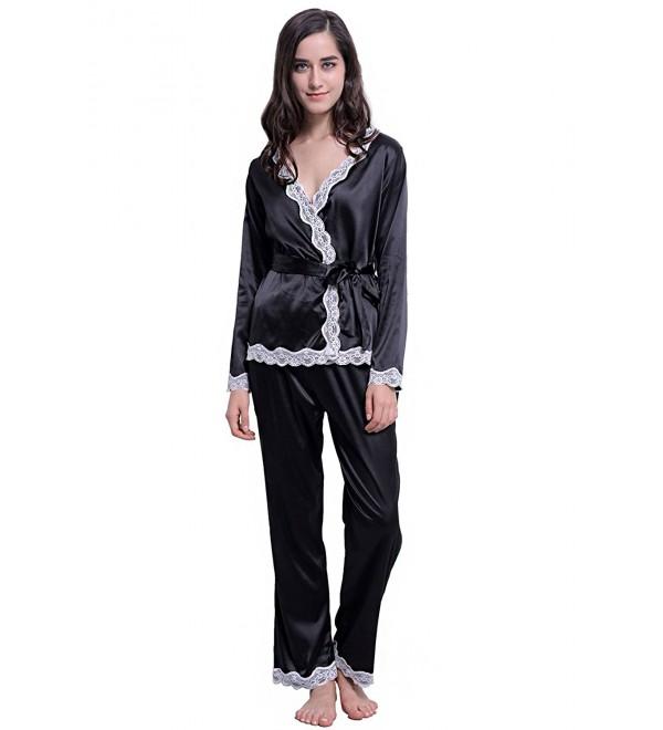 Womens Long Sleeve Satin Pajama Set PJS Two Pieces Lace Stitching ...