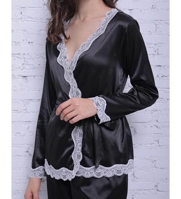 Womens Long Sleeve Satin Pajama Set PJS Two Pieces Lace Stitching ...