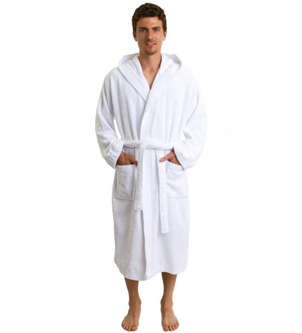 Men's Robe- Plush Fleece Hooded Spa Bathrobe- Made in Turkey - White ...