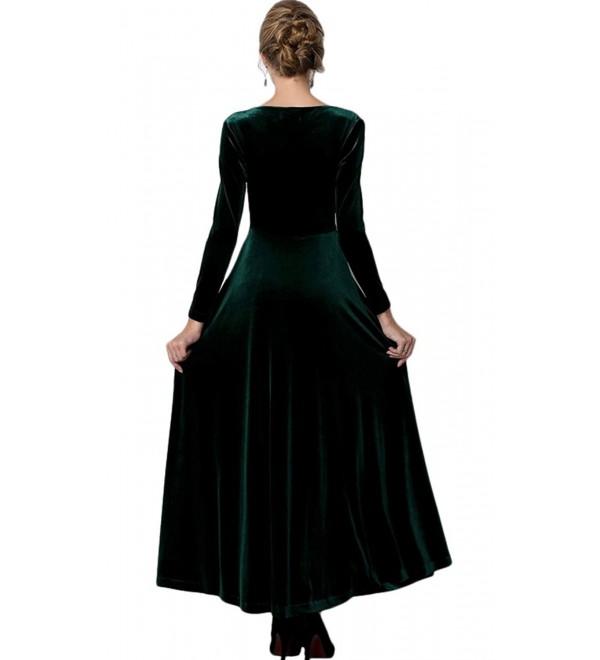 Women long sleeve V-neck Velvet Stretchy Long Dress - Green - CL128ZNLXXN
