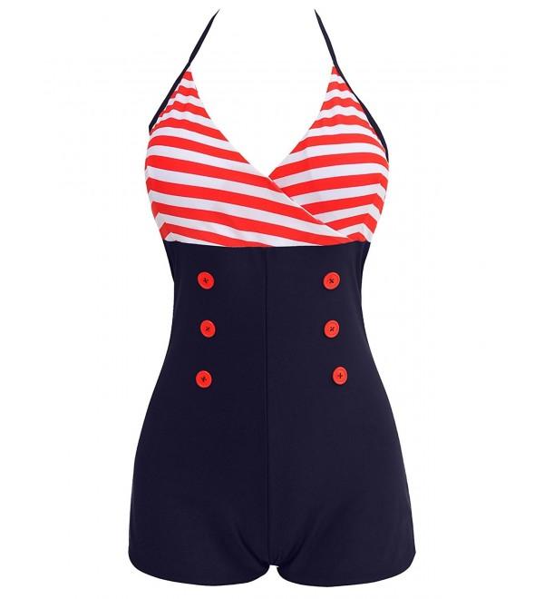 Women One Piece Vintage Stripe Skull Front Cross Red Buttoned Boyshort ...