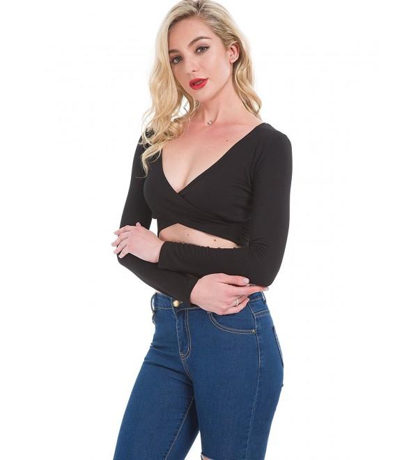 Women's Deep V Neck Long Sleeve Unique Criss Cross Wrap Slim Fit Crop Tops  - Black - CH1897ZWKO7