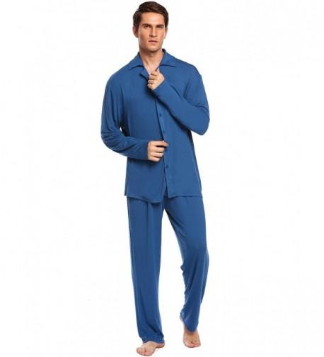 Men's Cotton Pajamas Long Sleeve Sleepwear Woven PJ Set M-3XL - Blue ...