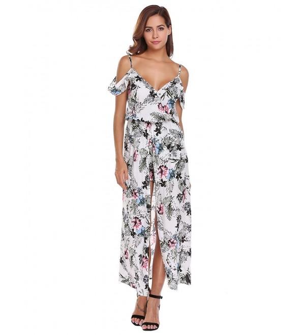 Women Floral Romper Maxi Dress Cold Shoulder Beach Dress Overlay Boho ...