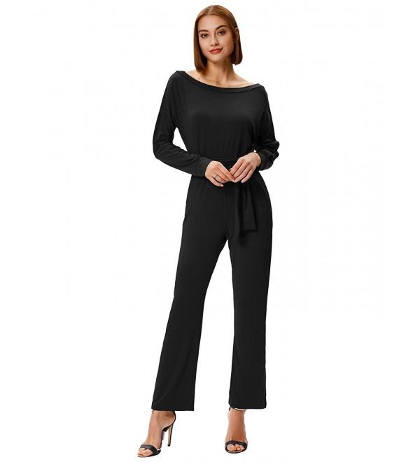 Women's Sexy One Shoulder Solid Jumpsuits Wide Leg Romper with Belt ...