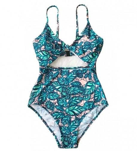 Women's Leaves Print Back Hook Closure Cut Out Bikini One Piece ...