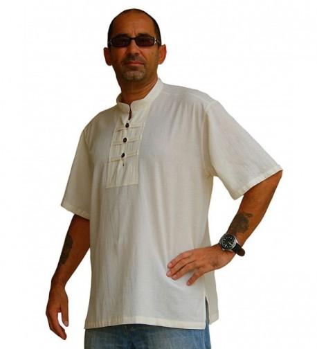 Cream Loomed Cotton Men's Shirt Kung Fu Mandarin Collar Short Sleeve ...