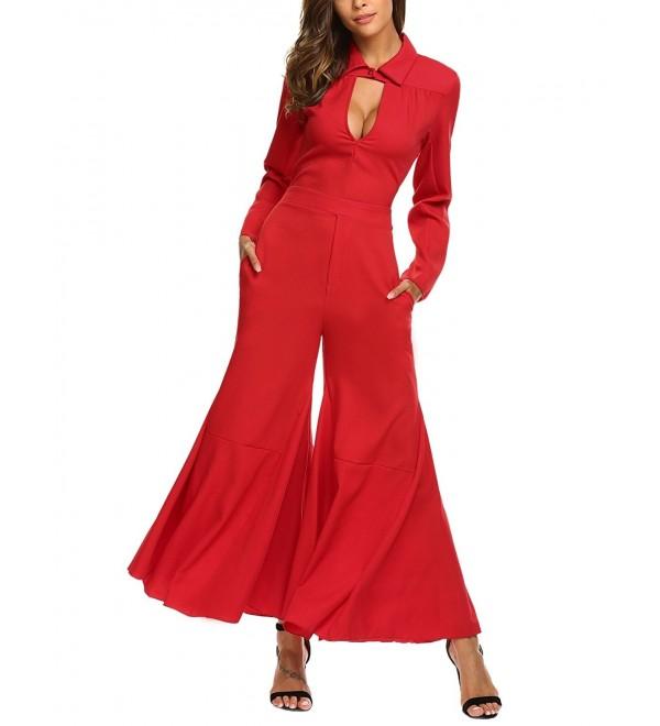 Women's Casual Long Sleeve Solid High Waisted Belted Wide Leg Jumpsuits ...