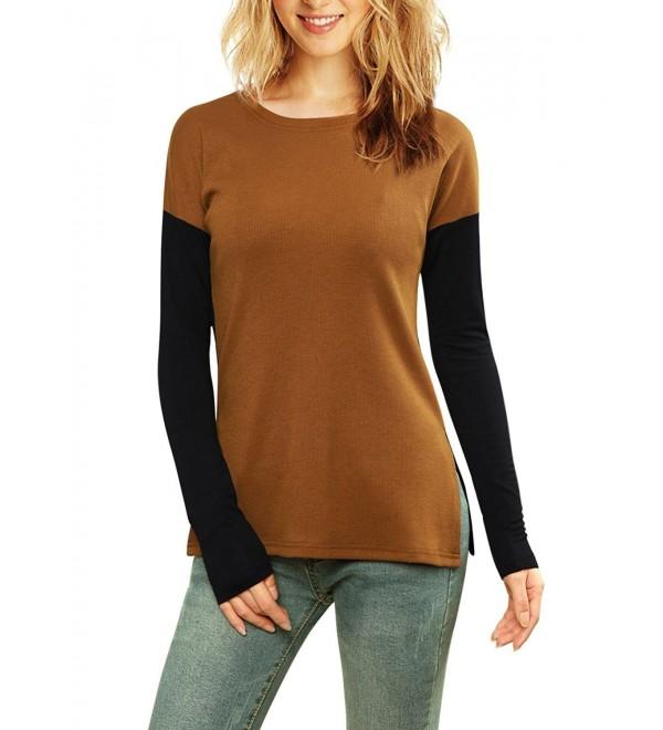 Women's Color Block Side-Slit Paneled Slim Fit Ribbed Top - Brown ...