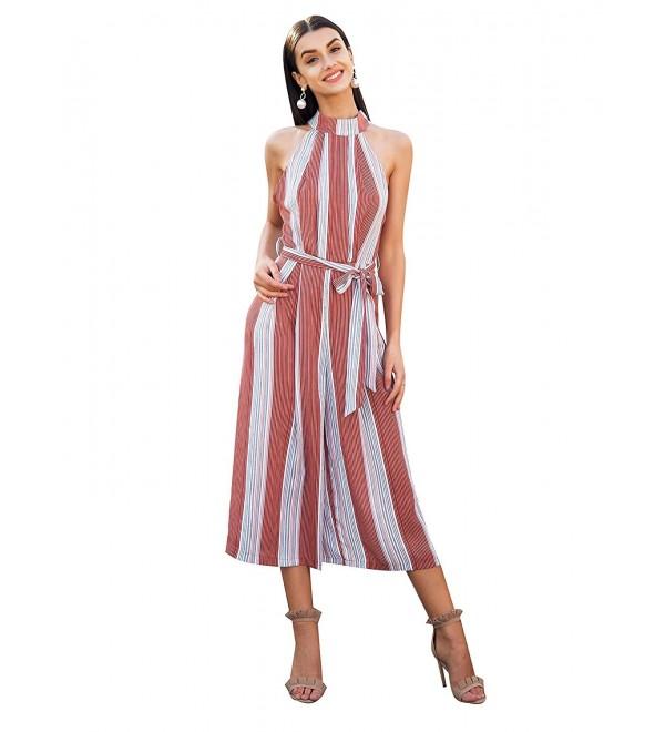 Women's Summer Loose Halter Sleeveless Striped Wide Leg Jumpsuit ...