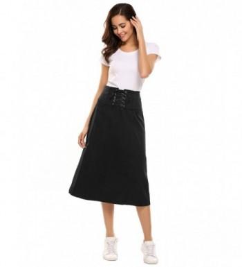 Women's Lace Up High Waisted A-line Midi Skirt Fold Over Skirt - Black ...