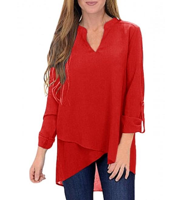 Women's Asymmetric Hemline Roll Tab Sleeve Blouse S-XXL - Red - CI1807UD869