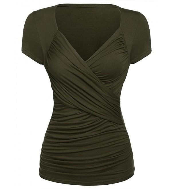 Newbely Womens Pleated V Neck T Shirt