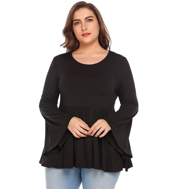 Women's Plus Size Long Bell Sleeves Flared Ruffle Blouse Round Neck ...