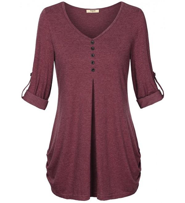 Women's Rolled Up Sleeve V-Neck Henley T-Shirt Blouse Top - Wine ...