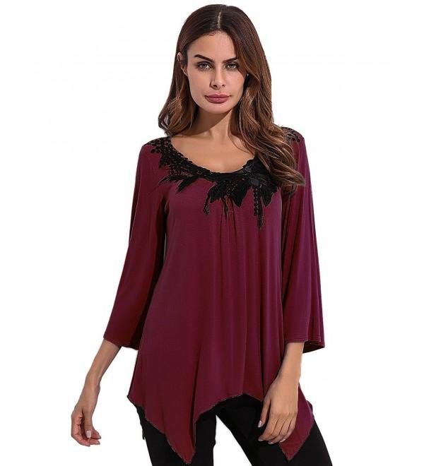 Women's Loose Lace Irregular Flowy Hem Blouse 3/4 Sleeve Shirt Tunic ...