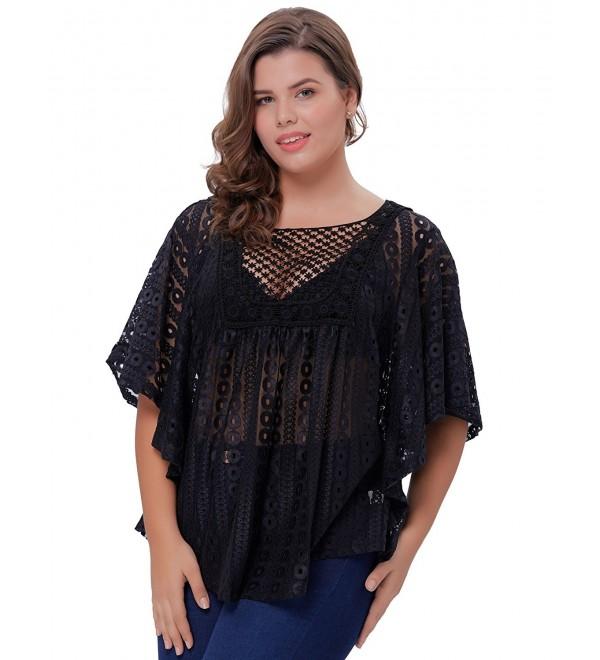 Women Plus Size Loose Semi See-Through Batwing Sleeve Lace Tops HN0020 ...