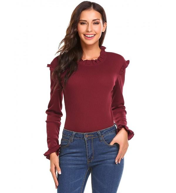 Women's Mock Neck Long Sleeve Ruffles Ribbed Sweater Slim Fit Knit ...