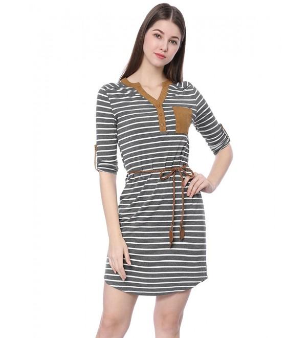 Women's 3/4 Sleeves Belted Striped Tunic Tshirt Dress - Gray - CI180HZX03I