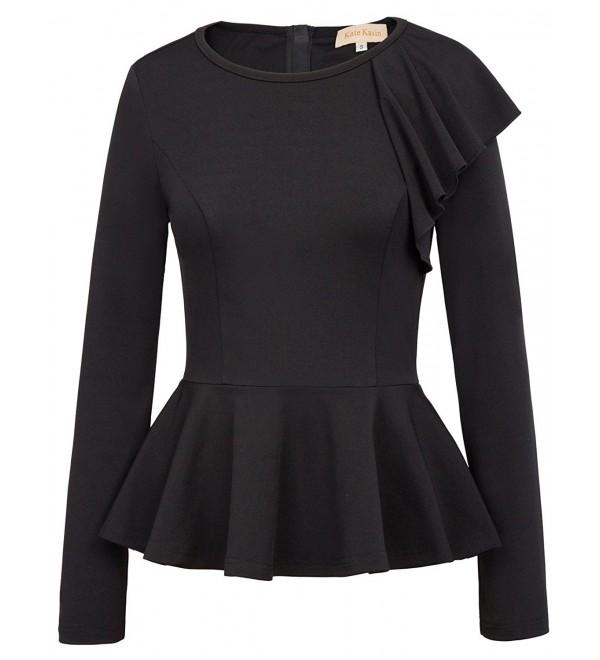 Women's Side Ruffle Long Sleeve Cowl Neck Peplum Tops Shirt - Black ...