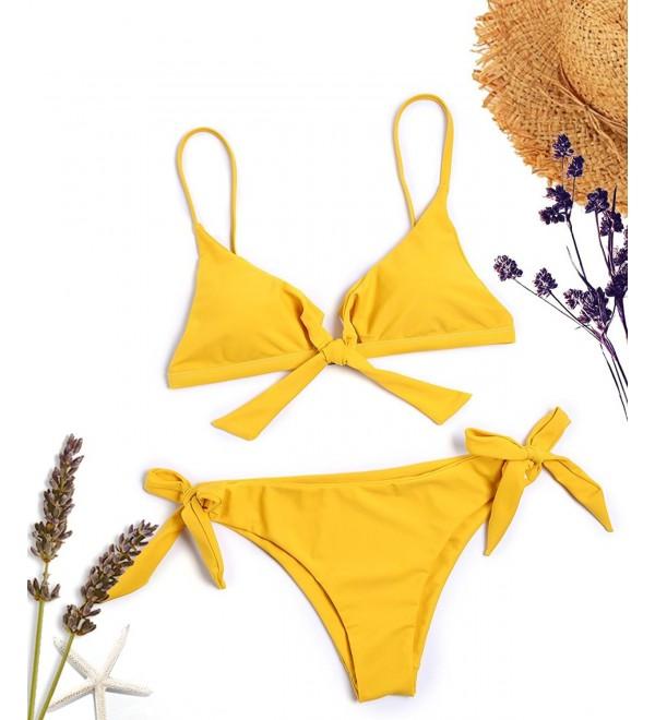 Yellow Solid Tie Knot With Bow Bikini- Bralette Swimsuit For Women ...