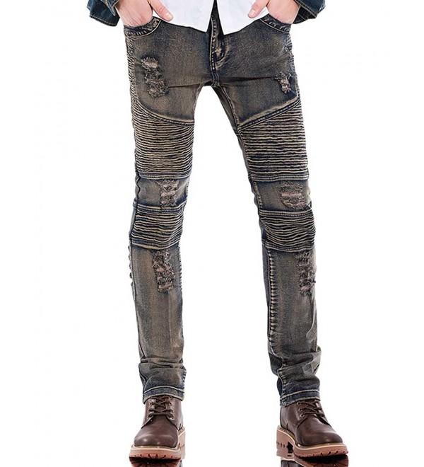 Mens Ripped Slim Fit Straight Splicing Stretch Destroyed Jeans With ...