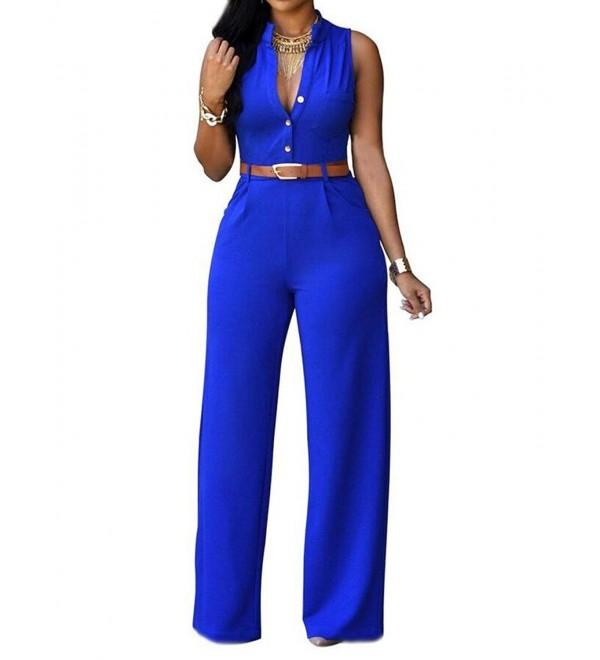 Women's Sexy Plunge V Neck Belted Wide Leg Jumpsuits Dress - Royal Blue ...