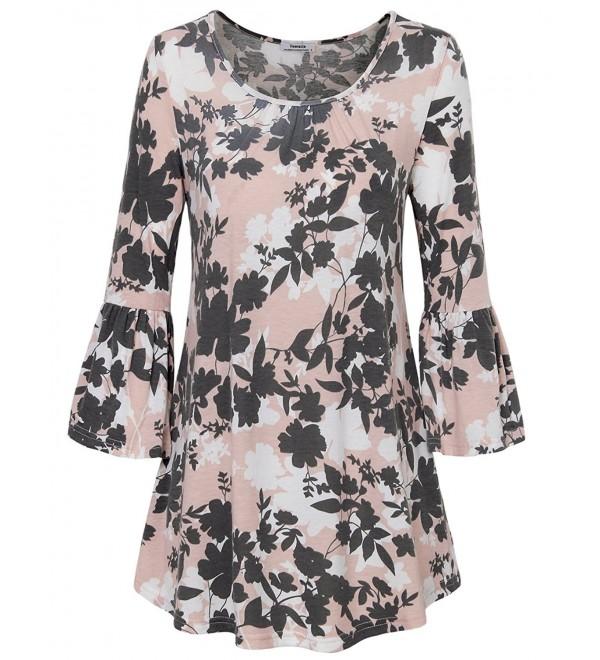 Womens Scoop Neck 3/4 Bell Sleeve Blouse Casual Floral Print Tunic ...