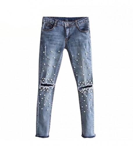 Ripped Jeans For Women Denim Embroidered Rivet Pearl Pants - Blue ...