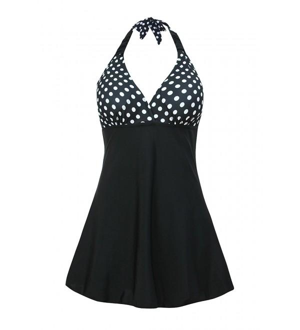 Women's Polka Dot Halter Push Up Slim Tankini Padded Swimsuit - Black ...