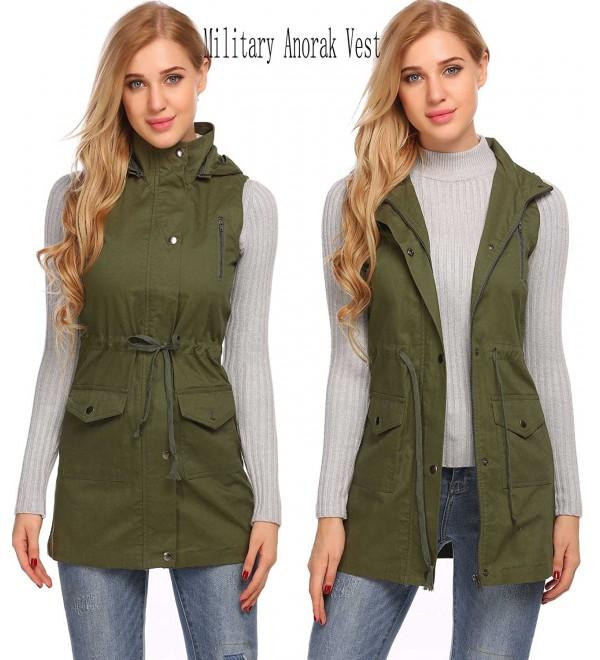 Womens Vest Sleeveless Military Anorak Drawstring Hooded Zipper Jacket ...