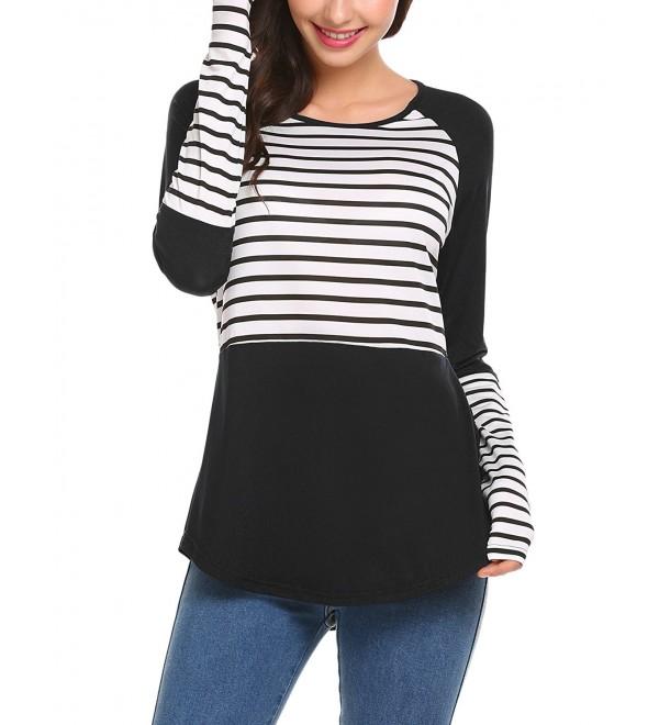 Women Long Sleeve Color Block Stripe Patchwork T Shirt Blouse Tops ...