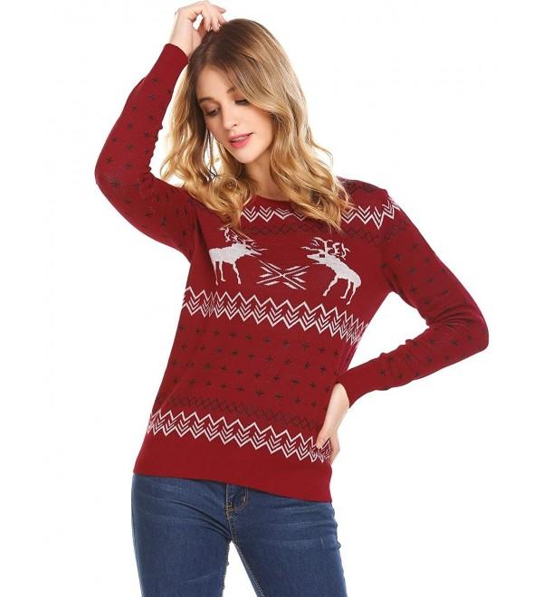 Womens Christmas Sweater Reindeer Snowflakes Long Sleeve Round Neck ...